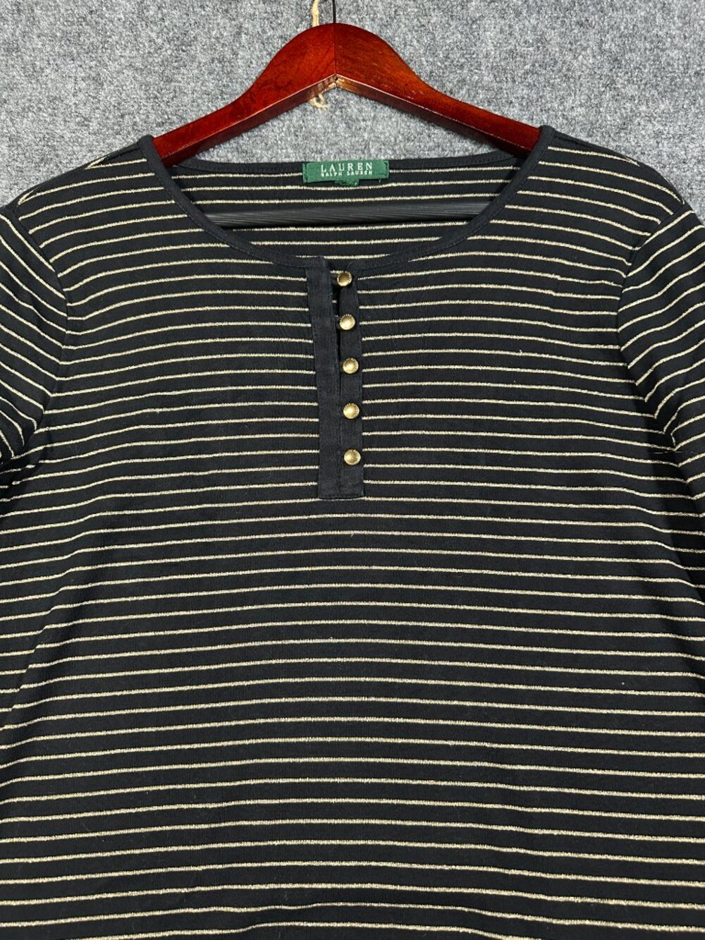 Lauren Ralph Lauren Top Womens Medium Black Gold Cotton Knit Long Sleeve Henley - Picture 3 of 7